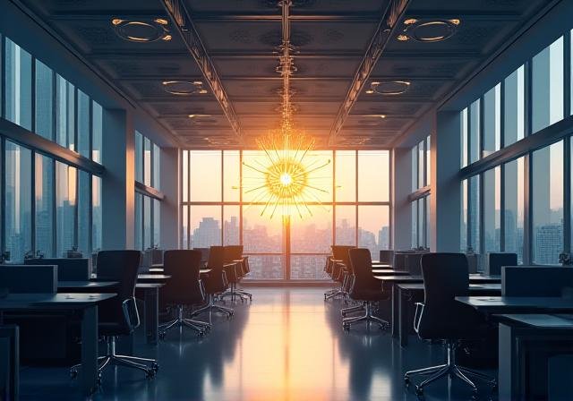 Artistic representation of psychological archetypes emerging from a modern corporate environment