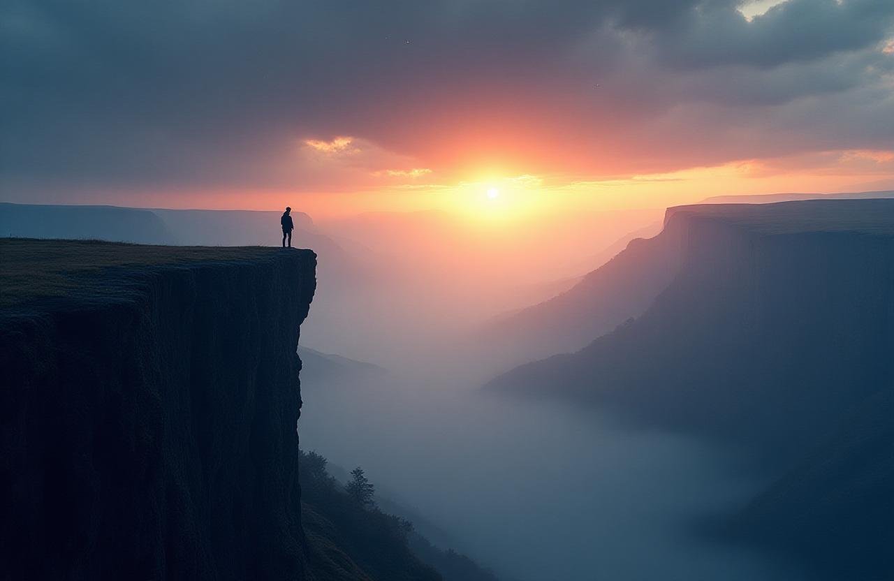 A vast, mist-covered mountain landscape reflecting the call to adventure